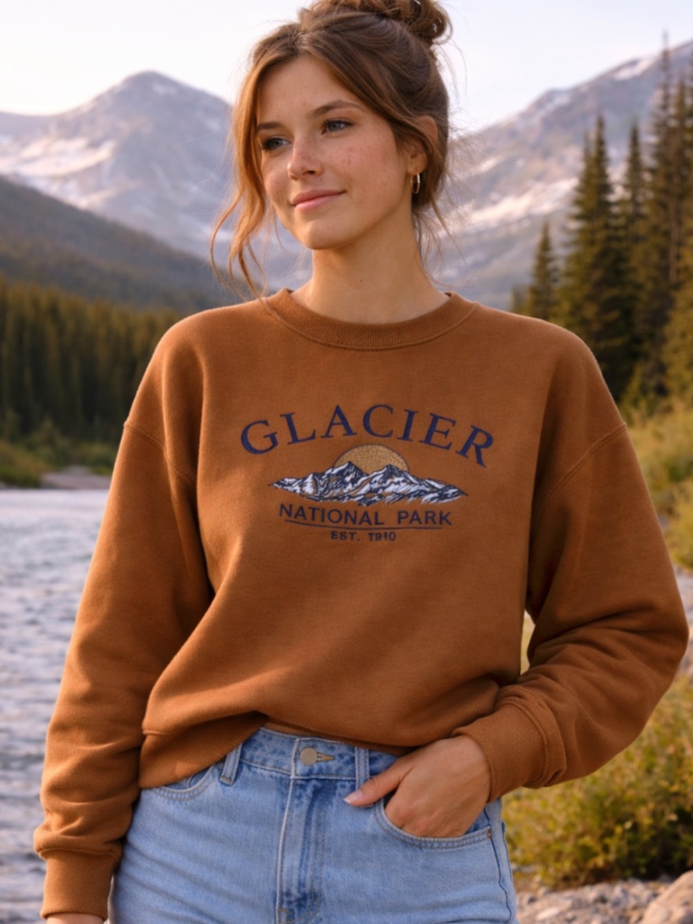 Prairie Mountain Glacier National Park Graphic Sweatshirt Brown Size Small